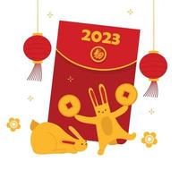 Chinese New Year Card, 2023 year of rabbit. Concept of celebrating holiday with big red envelope and rabbits playing with gold coins. Flat hand drawn vector illustration