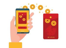 transferencia móvil en línea digital hongbao. regalo tradicional chino angpao en el teléfono. teléfono inteligente en mano enviando dinero presente a 2023 chy. ilustración plana vectorial aislada. traducción - feliz año nuevo, vector