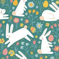 Easter seamless pattern with cute white bunnies, eggs and flowers. Cute spring beackground, great for banners, wallpapers, wrapping, textiles. Flat hand drawn vector illustration.