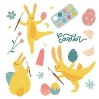 Set of Easter eggs painting design elements. Spring collection with paints and brushes in paws Fluffy yellow rabbit characters preparing for holiday. Flat hand drawn vector illustration.
