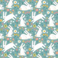 White rabbits in summer flowers and grasses seamless pattern. Cute bunny characters. Baby cartoon vector in simple flat hand drawn Scandinavian style. Nursery illustration on green background