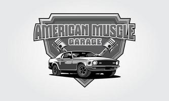American Muscle Garage Vector Logo Template for your company or club , clothing design and many more. Excellent design, vintage style, good looking and high quality. Black and white version logo.
