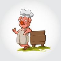 Pig Chef Smilling Mascot Cartoon Character. This pig vector illustration lean next to a wooden plank and give a thumbs up.