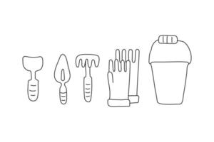 Set of gardening tools hand drawn vector illustration. Garden stuff to take care of plants.