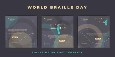 plantilla del día mundial del braille con el diseño braille de digitación manual. diseño de plantilla de publicación de redes sociales amarilla. vector