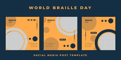 plantilla del día mundial de braille con diseño de círculo y puntos. diseño de plantilla de publicación de redes sociales amarilla. vector