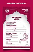 plantilla de menú ramadán en fondo islámico rosa y blanco con diseño de linterna y luna. iftar significa desayuno y texto árabe significa ramadán. vector