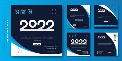 conjunto de plantillas de publicación en medios sociales con diseño de fondo azul ondulado. feliz año nuevo 2022 diseño de plantilla. vector