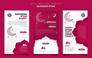 conjunto de plantillas de publicaciones en medios sociales en rosa y blanco con diseño de luna y linterna. iftar significa desayuno y texto árabe significa ramadán. vector