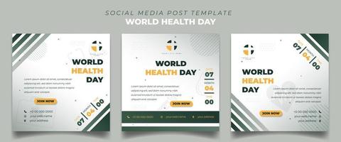 conjunto de plantillas cuadradas de publicación en medios sociales para el día mundial de la salud con fondo blanco y verde. plantilla de redes sociales con antecedentes de examen médico. vector