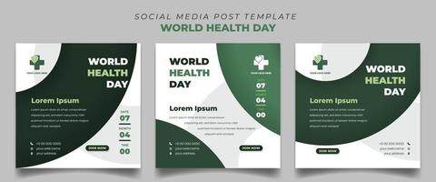 conjunto de plantillas de publicaciones en redes sociales cuadradas con diseño de fondo en forma de círculo verde. diseño de plantilla del día mundial de la salud. vector