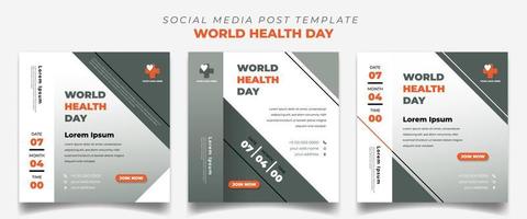 Set of Square social media post template with white, orange, and green color background with elegant design. World Health Day template design. vector