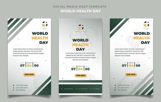 Set of Portrait social media post template for world health day with white and green background. Social media template with medical exam background. vector