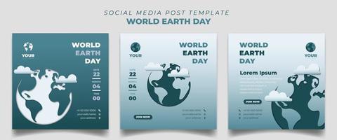 Green social media post template in square design. World Earth Day template with paper cut earth background design. vector