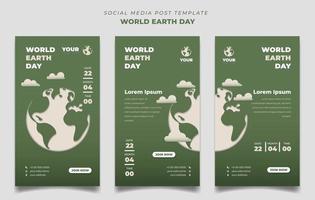 plantilla del día mundial de la tierra con diseño de fondo de tierra cortado en papel. plantilla de publicación de medios sociales verdes en diseño de retrato. vector