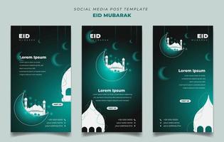 conjunto de plantilla de publicación de medios sociales verdes para el diseño de eid mubarak en fondo de retrato. vector