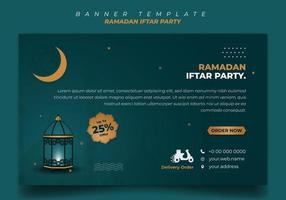 Banner template in green and gold background with lantern design. Iftar mean is breakfasting. vector