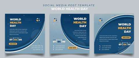 conjunto de plantillas cuadradas de publicaciones en medios sociales con un elegante diseño de fondo azul. diseño de plantilla del día mundial de la salud. vector