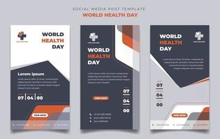 día mundial de la salud con fondo de color blanco, naranja y gris oscuro con diseño de forma simple. conjunto de plantilla de publicación en medios sociales en diseño de retrato. vector