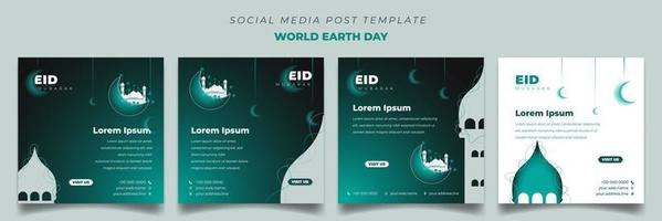 plantilla de publicación de medios sociales verdes con ilustración de vector de mezquita en diseño cuadrado.