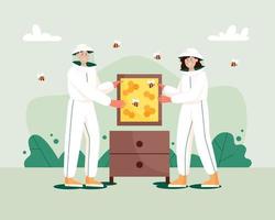 Man and woman in hat and protective uniform with a honeycomb frame and beehive. Beekeeping workers in uniforms. Concept of beekeeping. vector