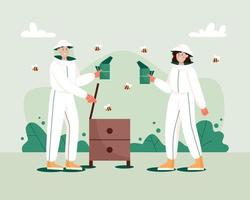 Man and woman in hat and protective uniform with a bee smoker device and beehive. Beekeeping workers in uniforms. Concept of beekeeping. vector