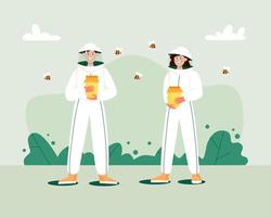 Man and woman in hat and protective uniform hold jars of honey. Beekeeping workers in uniforms. Concept of beekeeping. vector