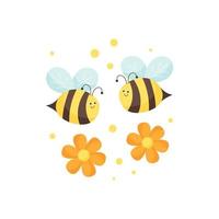 The characters of cute cartoon bees fly with flowers. Isolated illustration. Flat cartoon vector style.