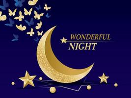 wonderful night with gold moon and star and butterfly vector