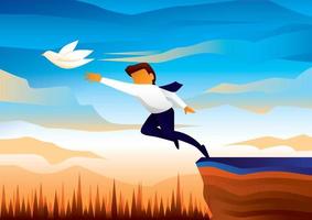 Illustration vector file. worker pursues the bird of freedom and he is about to fall from the cliff. this image means to risk of quitting job.