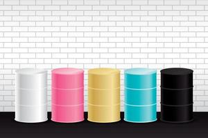 sweet color oil drums with white brick wall background vector. vector