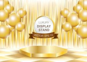 Vector file. luxury golden product display stand. hexagon stand. golden wall backdrop. empty luxurious pedestal for putting the product. golden balls display.