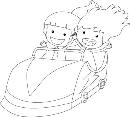 Two girl in racing car  black and white doodle character