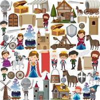 Medieval characters buildings set vector