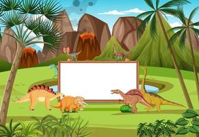 escena con dinosaurios y pizarra en el bosque vector