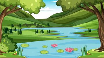 Nature scene with many trees and river vector