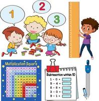 Math classroom objects with supplies and students vector