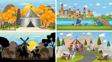 Set of different scene medieval with silhouette vector