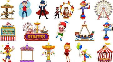 conjunto de personajes de circo y elementos del parque de atracciones. vector