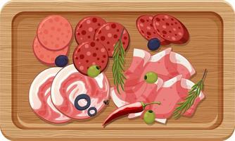 Top view of lunch meat on a wooden tray vector