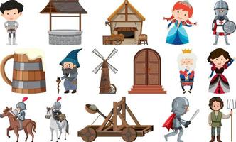 Medieval characters buildings set vector