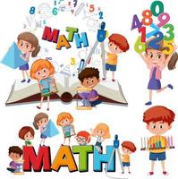 Math classroom objects with supplies and students vector