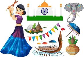 Set of Indian girl dancing and other elements vector