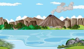 Nature scene with trees on mountains with dinosaur vector