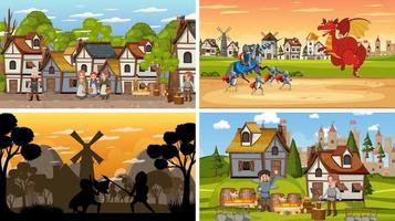 Set of different scene medieval with silhouette vector