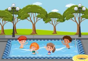 escena de la piscina al aire libre con niños vector