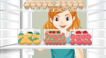 Girl looking at food in fridge vector