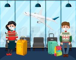 In airport terminal scene with passengers wearing mask vector