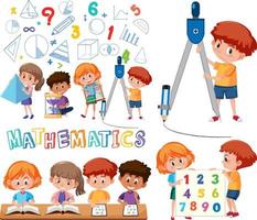 Math classroom objects with supplies and students vector