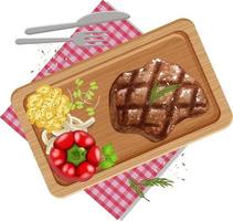 Top view of meat steak on wooden tray vector